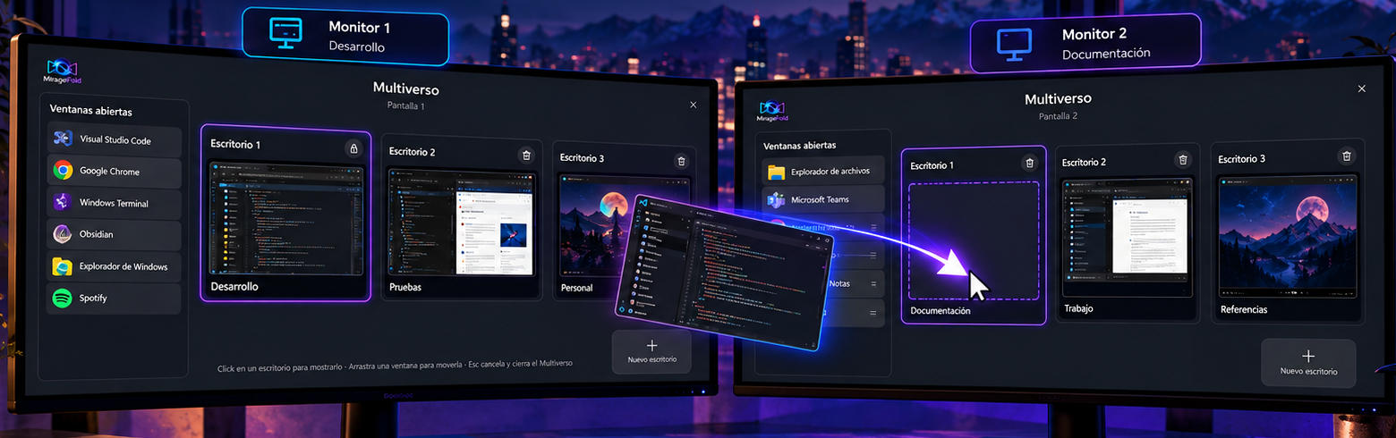 Movimiento de ventanas entre escritorios y monitores con MirageFold