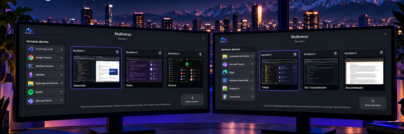 MirageFold mostrando espacios independientes en dos monitores